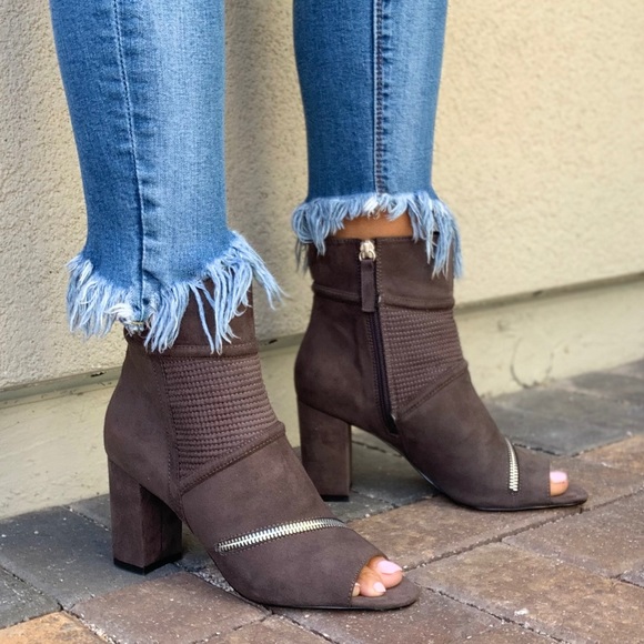 Gray Zipper Detail Peep Toe Sock Ankle Bootie - Picture 3 of 7